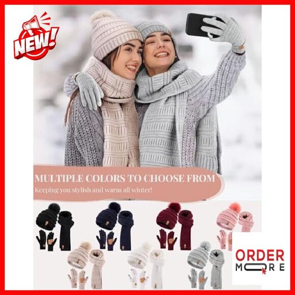 Fleece Lined Pom Pom Beanie Scarf Touchscreen Gloves Winter Set main image 5